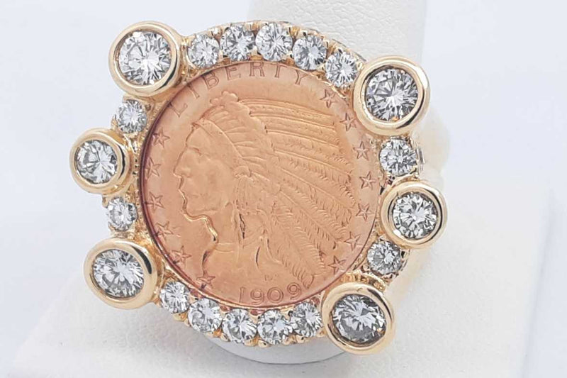 1909 Indian Head 5 Dollar Coin Ring In 18k Yellow Gold & Diamonds 60.7 Grams Size 12 Eb0425rxxzsa