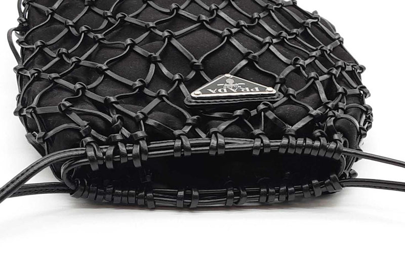 Prada Black Satin Leather Net Overlay Drawstring Crossbody Bag