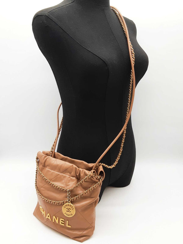 Chanel Mini 22 Beige Quilted Calfskin Leather Bucket Bag Do0525oxzxde