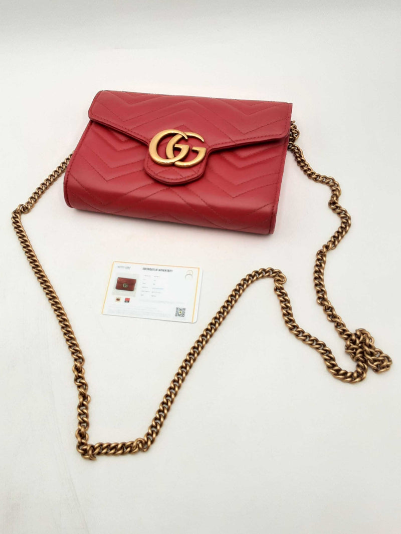 Gucci Gg Marmont Matelasse Red Leather Wallet On Chain Shoulder Bag Eb0125wxzsa