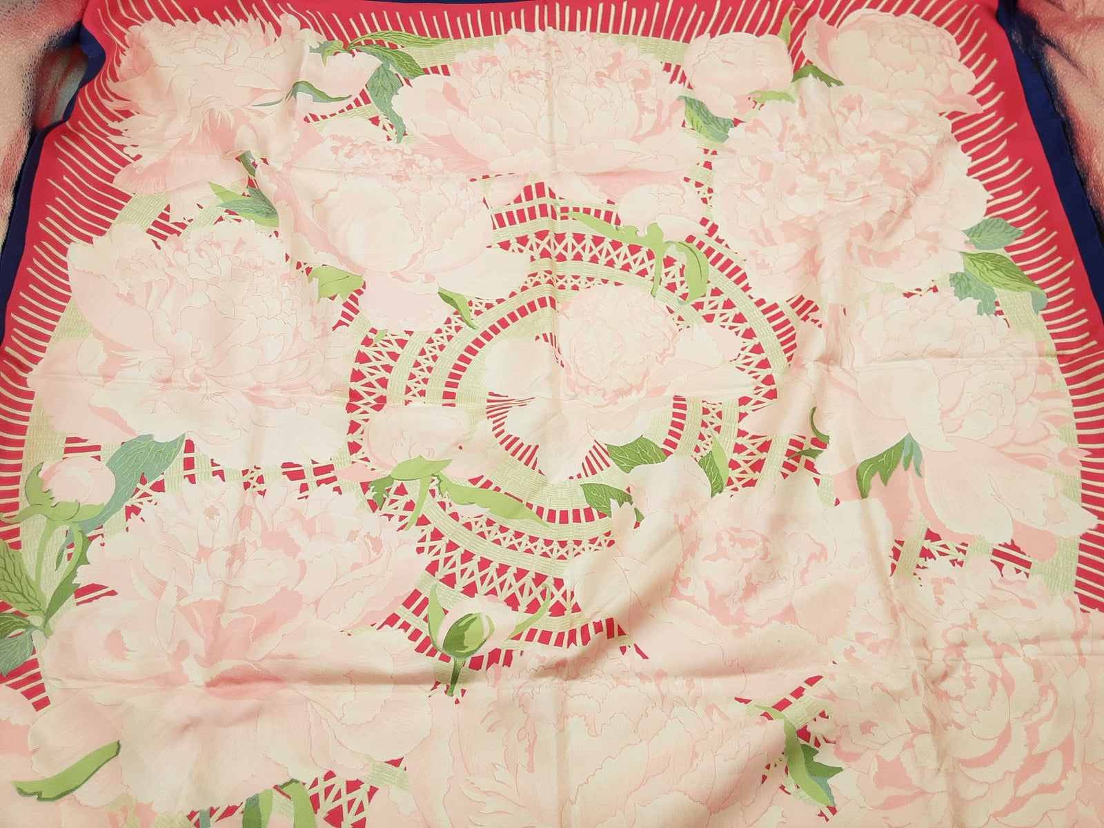 Hermes Les Pivoines Peonies Pink Blue Flower Silk Scarf