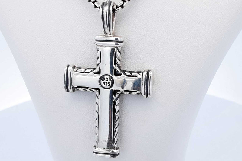 David Yurman 925 Black Diamond Chevron Cross Pendant & Chain 28.6g Eb1024pxzde