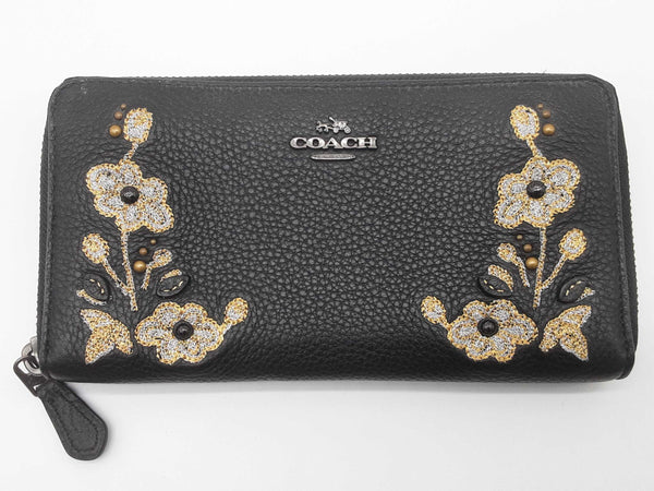 Coach Flowered Embroidered Black Leather Zippy Wallet Do0525pxde