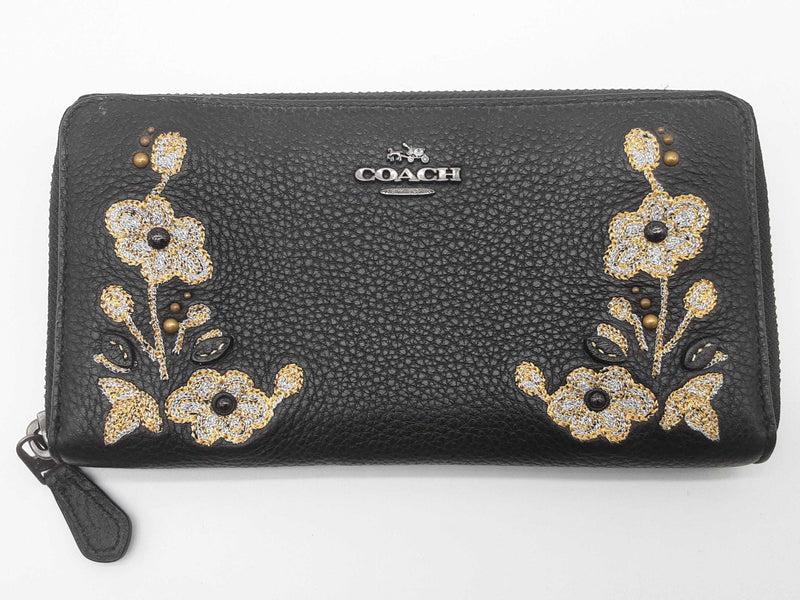 Coach Flowered Embroidered Black Leather Zippy Wallet Do0525pxde