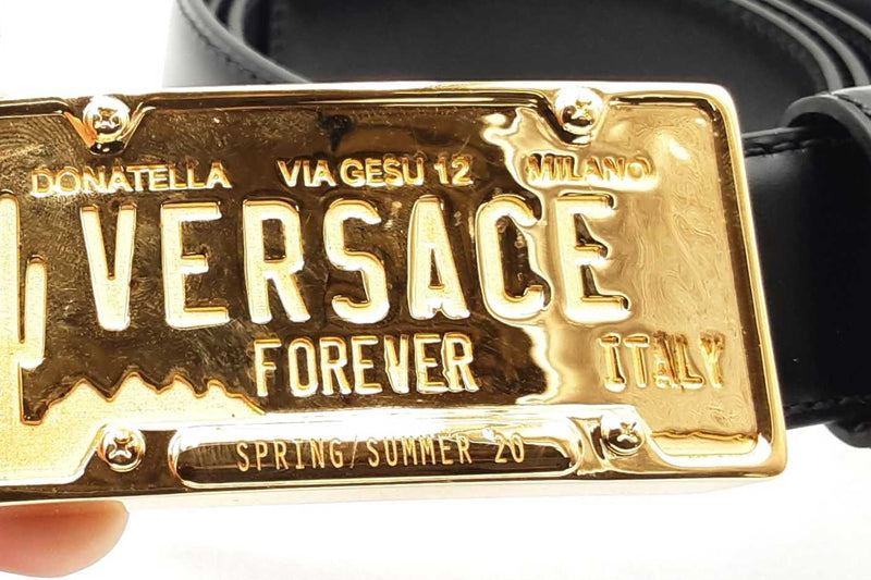 Versace Black Leather Belt With Gold Tone Liscense Plate Style Buckle Eb225lxzsa