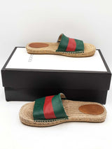 Gucci Green & Red Web Striped Espadrille Slides Size 8 Eb0825rxdu