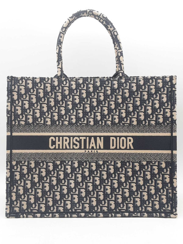 Christian Dior Large Dior Ecru & Blue Oblique Embroidery Book Tote Eb0425lerxsa