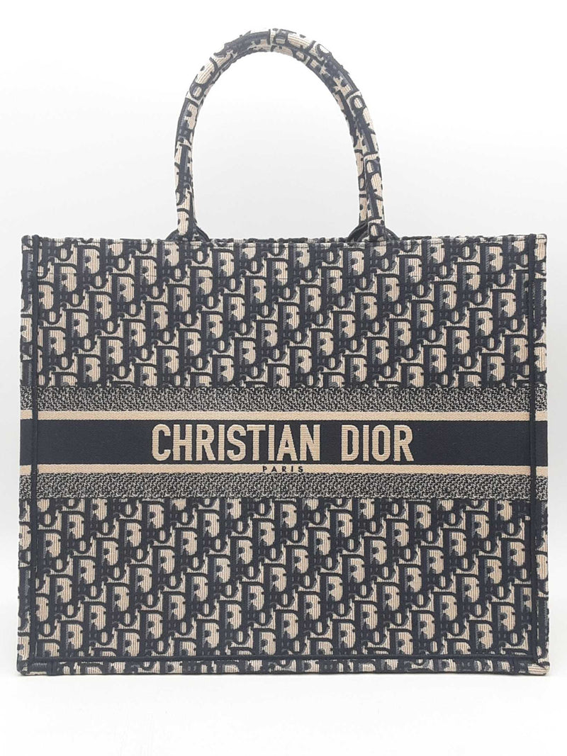 Christian Dior Large Dior Ecru & Blue Oblique Embroidery Book Tote Eb0425lerxsa