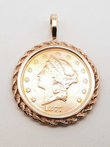 1887 Liberty Head $20 Coin 22k Pendant In 10k Yellow Gold Rope Bezel Setting 45.3 Grams Fw0526lrzxdu