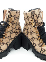 Gucci Combat Ankle Boots In Beige & Ebony Gg Monogram Wool Size 39 Fw00625ozxdu