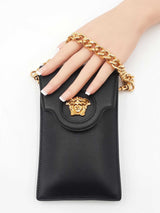 Versace La Medusa Phone Holder Mini Bag In Black Grained Leather Fw01026lordu