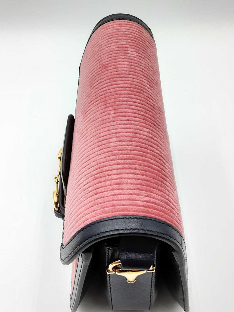 Gucci Horsebit Pink Corduroy & Navy Leather Shoulder Bag Eb1024exzdu