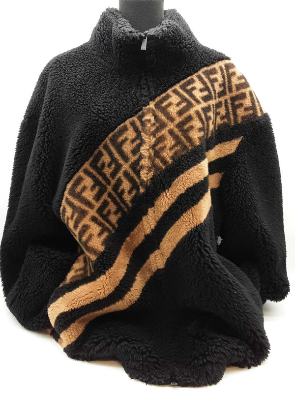 Fendi Black Brown Logo Wool Shearling Zip Up Coat Size Italian 58 Do0925loxzde