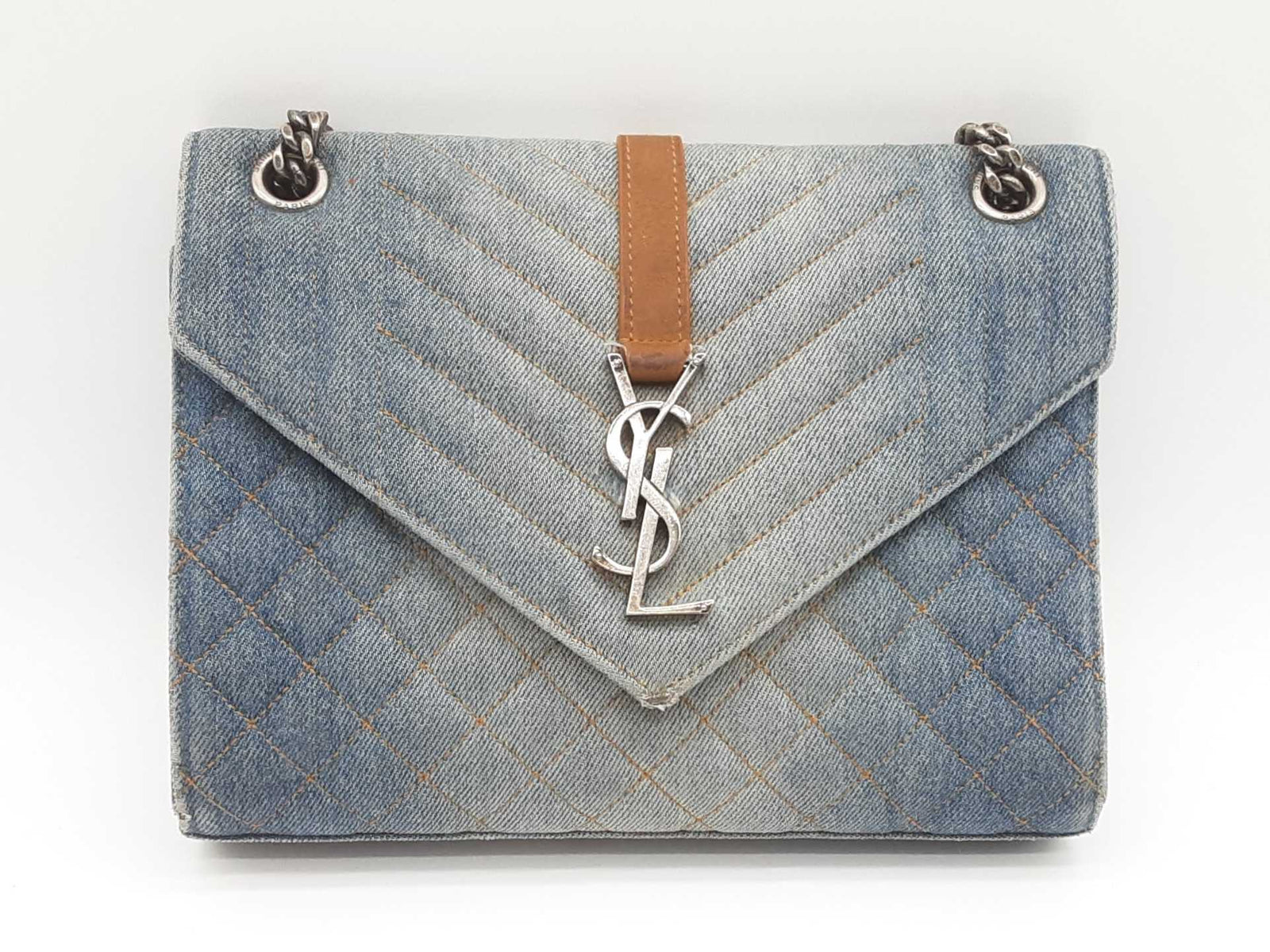 Ysl Saint Laurent Washed Denim Matelasse Chevron College Bag
