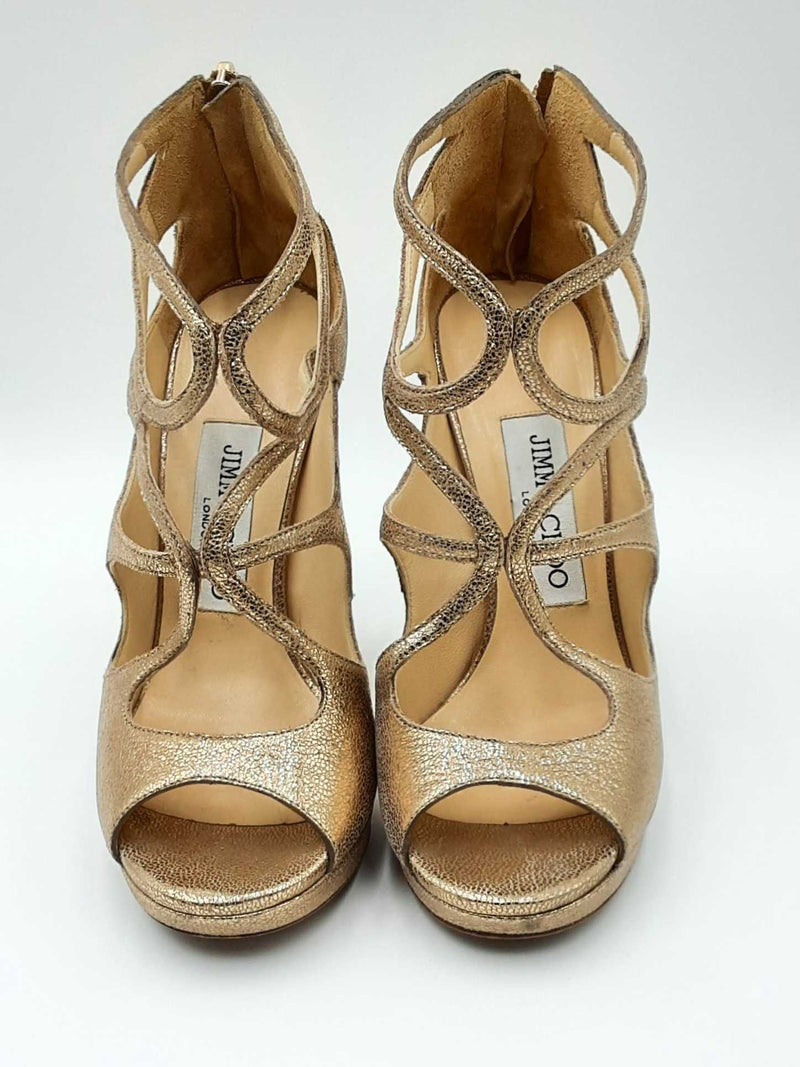 Jimmy Choo Gold Metallic Peep Toe Heels Size 35.5 Eb0824sxdu