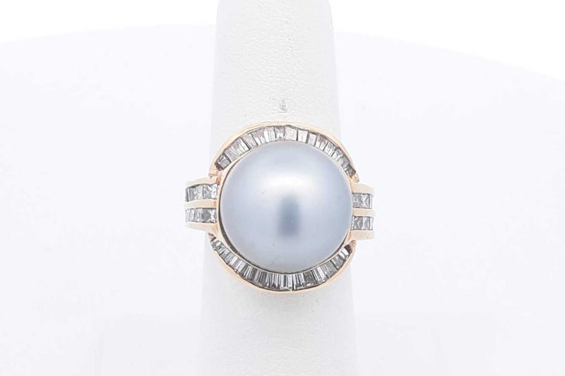 Pearl & Diamond Ring In 18k Yellow Gold 16.4 Grams Size 6.5 Eb1124rlxsa