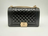 Chanel Medium Boy Bag Black Patent Leather Handbag Aa0425lzxzsa