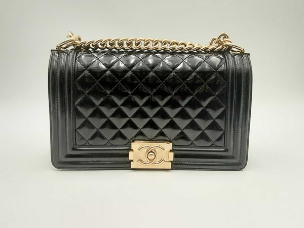Chanel Medium Boy Bag Black Patent Leather Handbag Aa0425lzxzsa
