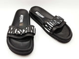 Moschino Black Leather & Metal Logo Slide Sandals Size 12 Fw0926pxdu