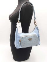 Prada Mini Shoulder Bag In Sky Blue Re-nylon & Ostrich Leather Fw0226lrxzdu