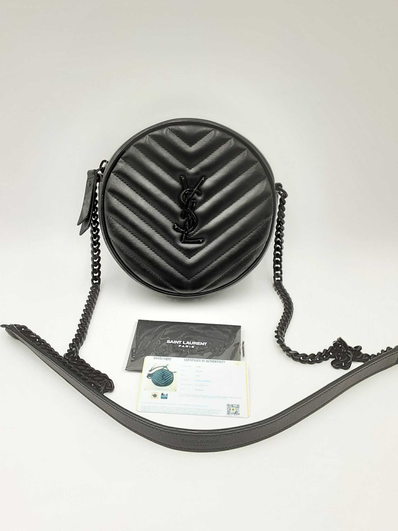 Yves Saint Laurent Round Quilted Chevron Black Leather Crossbody Eb0724pxzdu