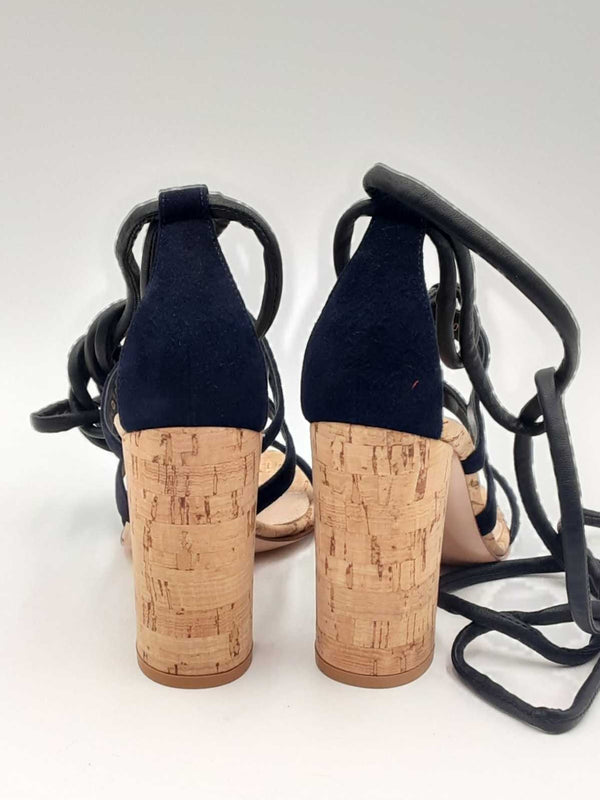 Gianvito Rossi Navy Blue Suede & Leather Cork Heel Ankle Wrap Sandals Eb0723crsa