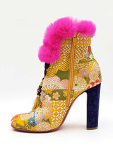 Christian Louboutin May Wong 100 Booties In Brocade & Fur Size 38 Fw0826lzxdu