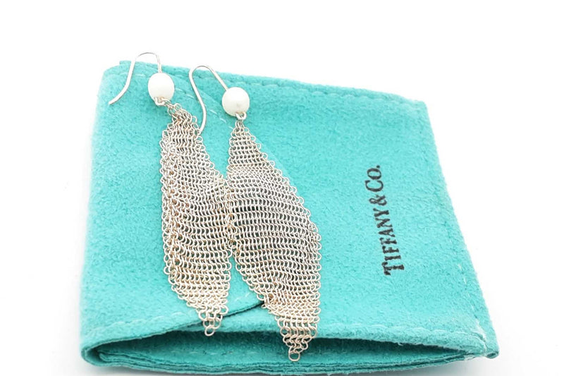 Tiffany & Co. 925 Sterling Silver Pearl & Mesh Dangle Earrings 3.4g Eb1024wxdu