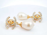 1996 Chanel Gold-tone, Crystal & Faux Pearl Cc Clip-on Earrings  Fw1225irxdu
