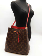 Louis Vuitton Neonoe Brown Monogram Red Leather Bucket Bag Do0525sxzde