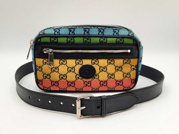 Gucci Gg Multicolor Canvas Bag & Black Leather Belt Fw0325oxxdu