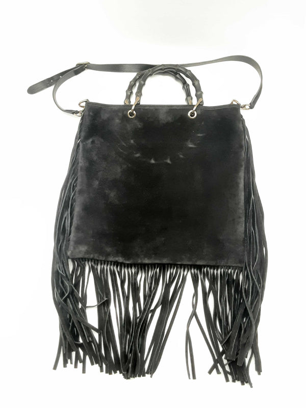 Gucci 349195 2-way Bamboo Handle Black Suede Fringe Hobo Tote Bag Do0424ixzde