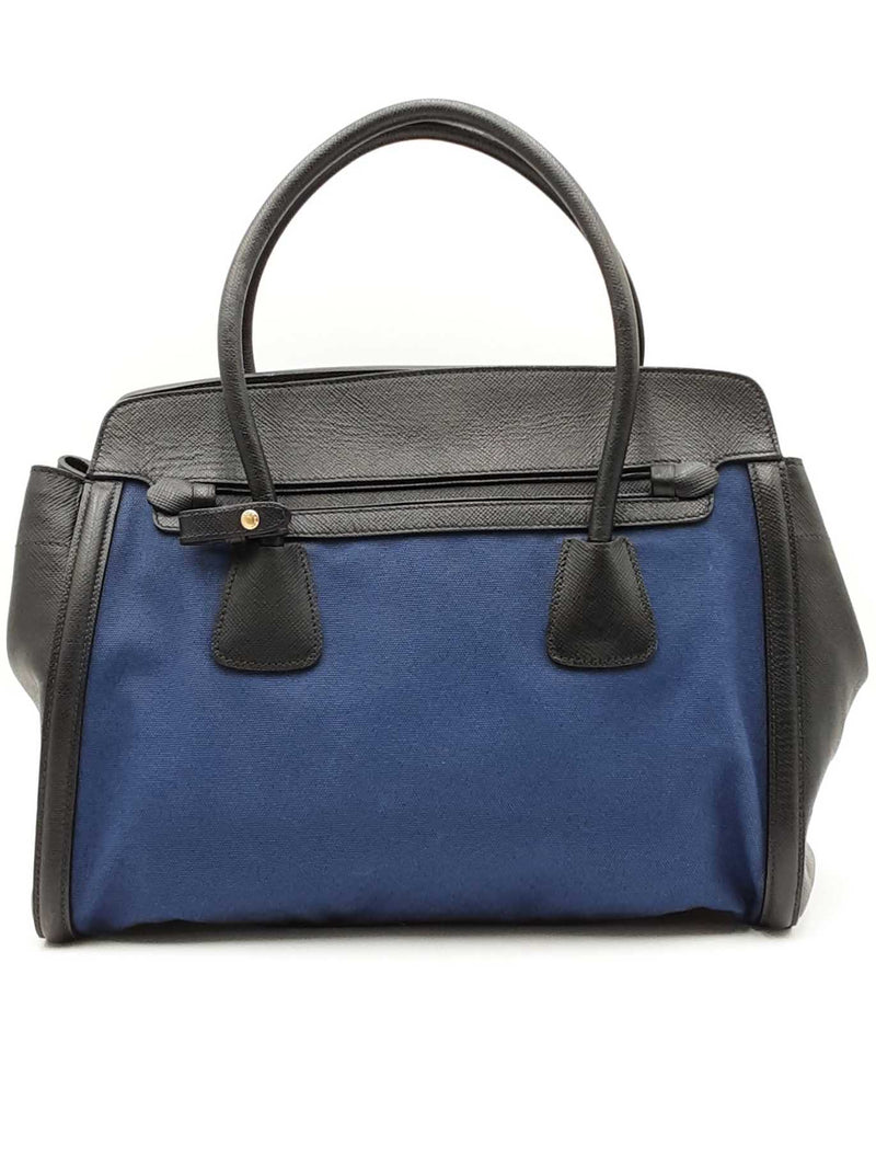 Prada Navy Blue Canvas & Black Saffiano Leather Tote Bag Eb1025oordu