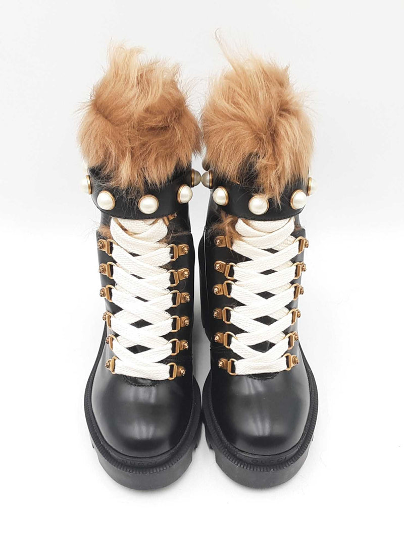 Gucci Magnum Fur & Faux Pearl Boots In Black Leather Size Eu 35 Fw0825exdu