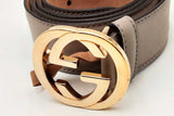 Gucci Grey Leather Belt With Interlocking G Gold Tone Buckle Eb0225crsa