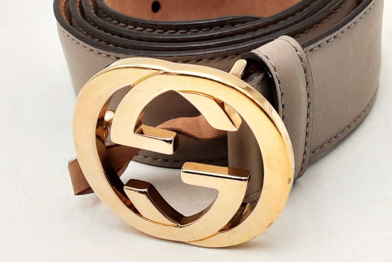 Gucci Grey Leather Belt With Interlocking G Gold Tone Buckle Eb0225crsa