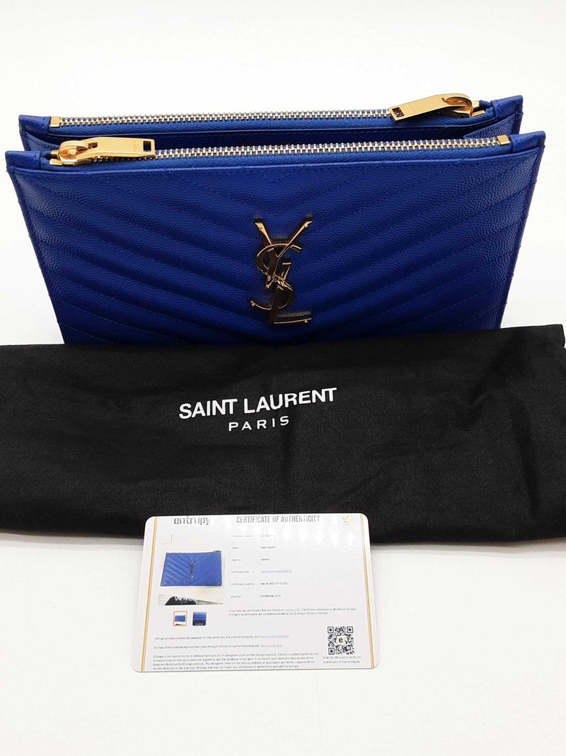 Ysl Cassandra Chevron Quilted Cobalt Leather Double Zip Clutch