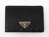 Prada Sequined Triangle Logo Card Holder With Chain In Black Leather Fw1225wxzdu