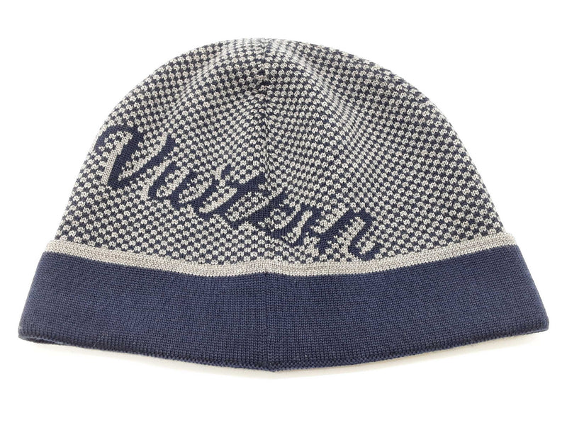 Louis Vuitton Signature Logo Navy Blue Gray Wool Beanie Do1025lxzde