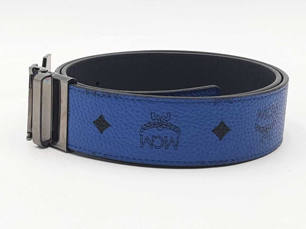 Mcm Reversible Monogram Claus Leather Belt Blue 36-38 In Aa0925rzsa