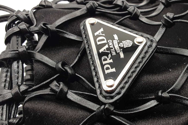 Prada Black Satin Leather Net Overlay Drawstring Crossbody Bag