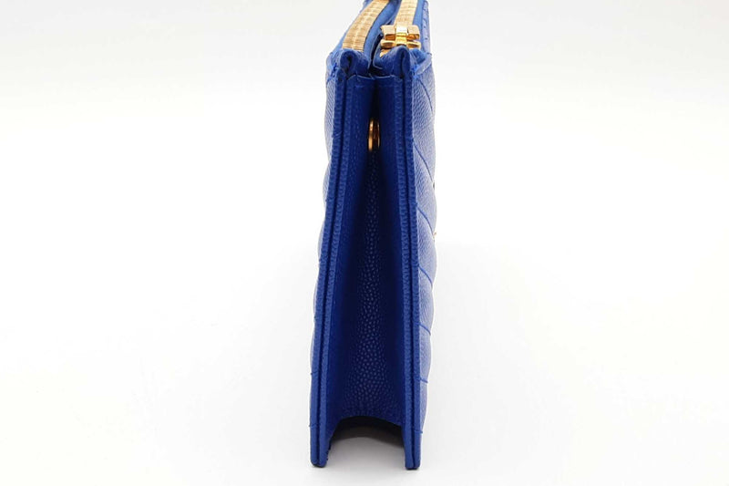 Ysl Cassandra Chevron Quilted Cobalt Leather Double Zip Clutch