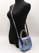 Versace La Medusa Top Handle Bag In Metallic Blue Crinkled Lambskin Fw1026prxdu