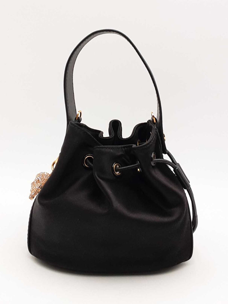 Versace La Medusa Charm Black Satin & Leather Mini Bucket Bag Fw1224pxzsa