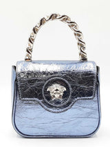 Versace La Medusa Top Handle Bag In Metallic Blue Crinkled Lambskin Fw1026prxdu