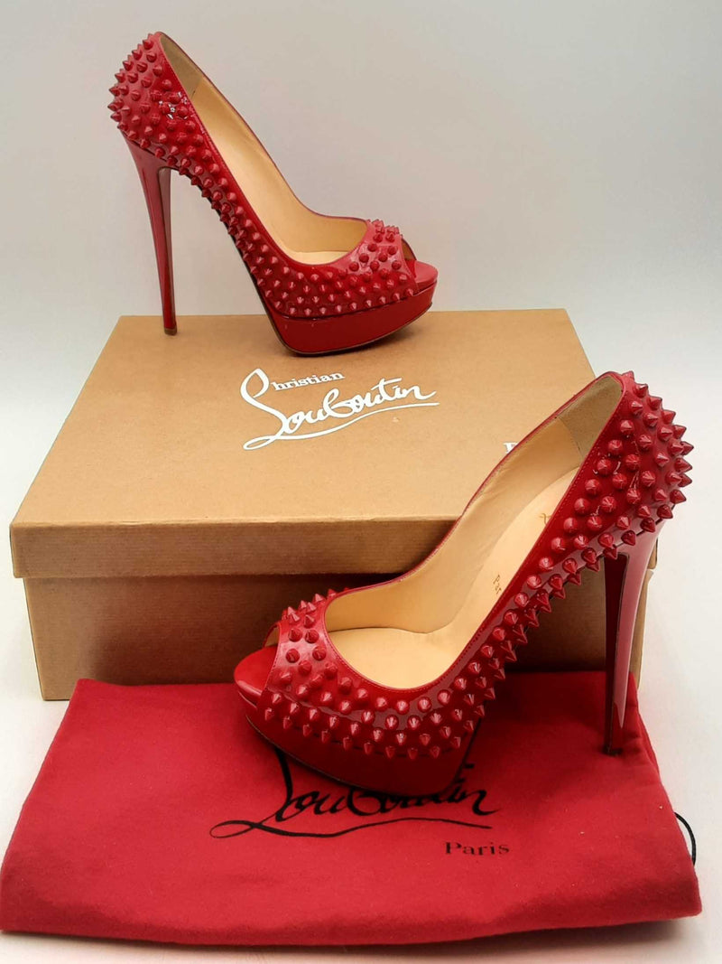 Christian Louboutin Red Patent Leather Spiked Peep Toe Pumps Size 40 Eb1224lxzsa