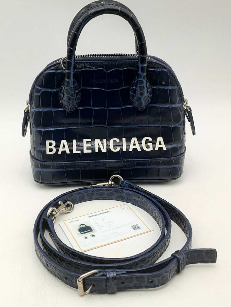 Balenciaga Ville Crocodile Embossed Blue Leather Top Handle Bag Eb0425lrxsa