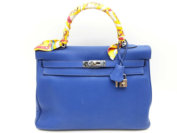 Hermes Kelly 35 Bleu Royal Clemence Palladium Handbag Docezxde 144010006694