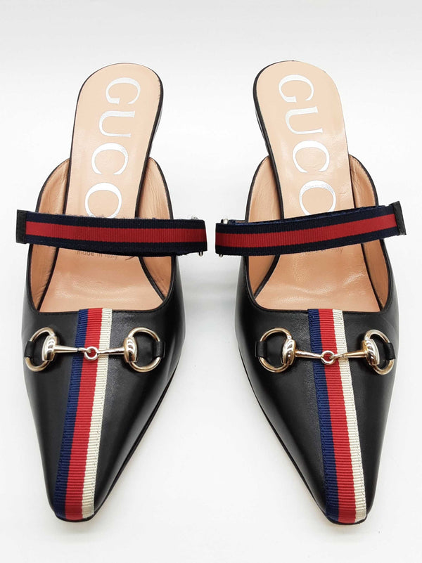 Gucci 549617 Malaga Horesbit Blue Web Mule Heels Size Eu 36.5 Do0825lxzde