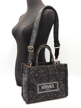 Versace Athena Small Tote Bag In Gray Barocco Canvas Fabric Fw1225wxzdu